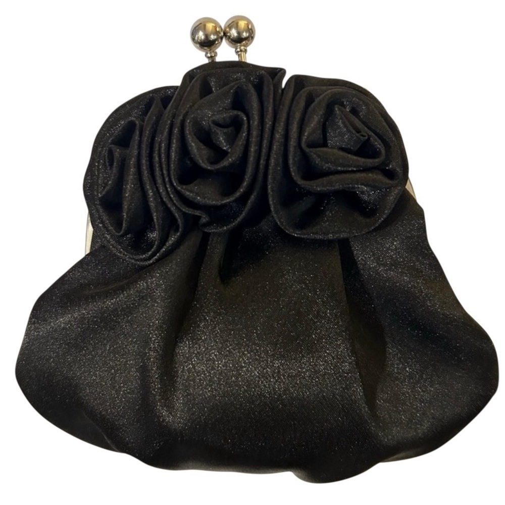 Bijoux Terner Black Vintage 80’s Satin Evening Purse with Rose accents.